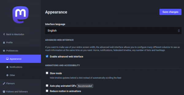 The Advanced Web Interface checkbox setting in Preferences, Appearance