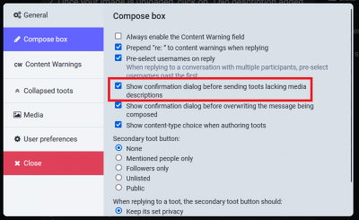 Screenshot of the Mastodon web client showing Compose box options dialog. The "Show confirmation dialog before sending toots lacking media descriptions" option is checked and highlighted.