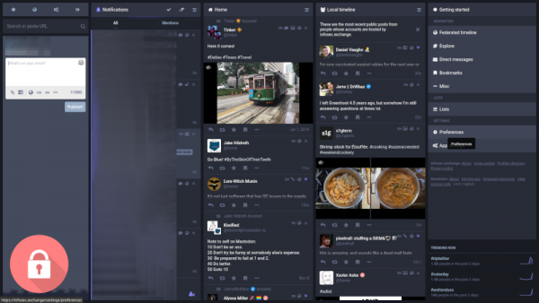 Mastodon's web interface with AWI enabled features a multi-column layout