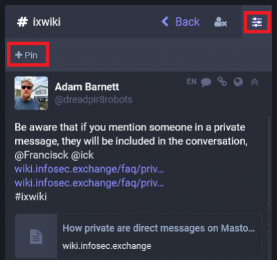 Screenshot of the Mastodon desktop web interface showing how to pin a hashtag as a column.